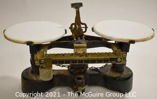 Antique Mercantile Trip Balance Scales with White Porcelain Trays,  Chicago Central Scientific CENCO.  Measures 12"W x 6"T.