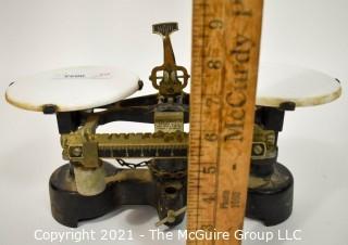 Antique Mercantile Trip Balance Scales with White Porcelain Trays,  Chicago Central Scientific CENCO.  Measures 12"W x 6"T.