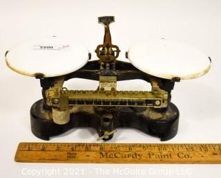 Antique Mercantile Trip Balance Scales with White Porcelain Trays,  Chicago Central Scientific CENCO.  Measures 12"W x 6"T.