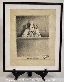 Framed Under Glass Political Cartoon Signed by Artist Gene Elderman "Reform of the Judiciary". Measures 24"H x 20"W.