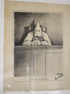 Framed Under Glass Political Cartoon Signed by Artist Gene Elderman "Reform of the Judiciary". Measures 24"H x 20"W.