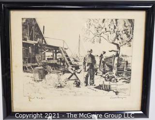 Framed Under Glass Etching Entitled "Point Mugu", Ventura County, CA.  Signed by artist Lionel Barrymore (1878 - 1954).  Measures 15"W x 12"T. 