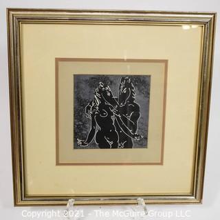 Framed Under Glass Unsigned Woodblock, Nudes with Horse Head.  Measures 16" Square,