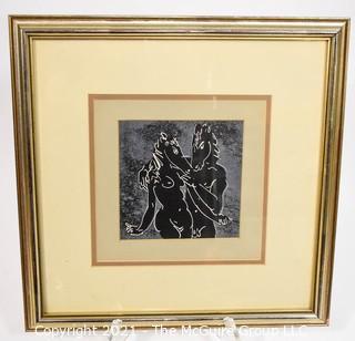 Framed Under Glass Unsigned Woodblock, Nudes with Horse Head.  Measures 16" Square,