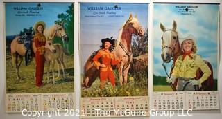 Three (3) Vintage 1950's Cowgirl Pin Up Litho Advertising Calendars for William Gaugler Livestock Hauling, Gilbertsville, PA.   Measures 13"W x 20"T.