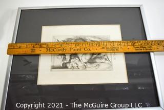 Framed Under Glass Etching of "Libyan Sibyl", Part of the Anatomy Sketches by Michelangelo.  Measures 27"H x 16"W.