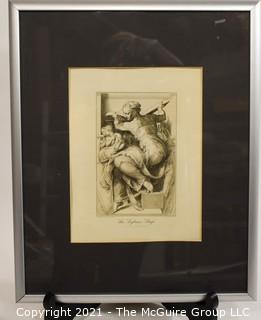 Framed Under Glass Etching of "Libyan Sibyl", Part of the Anatomy Sketches by Michelangelo.  Measures 27"H x 16"W.