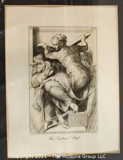 Framed Under Glass Etching of "Libyan Sibyl", Part of the Anatomy Sketches by Michelangelo.  Measures 27"H x 16"W.