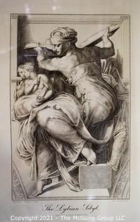 Framed Under Glass Etching of "Libyan Sibyl", Part of the Anatomy Sketches by Michelangelo.  Measures 27"H x 16"W.