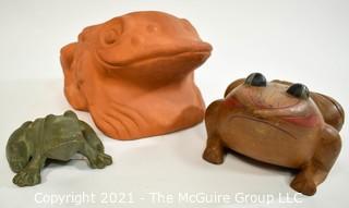 Three (3) Garden Frogs.  Includes Wooden Decorative Box, Iron Door Stop and Ceramic Planter.   Ribbet Ribbet