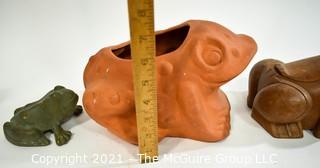 Three (3) Garden Frogs.  Includes Wooden Decorative Box, Iron Door Stop and Ceramic Planter.   Ribbet Ribbet