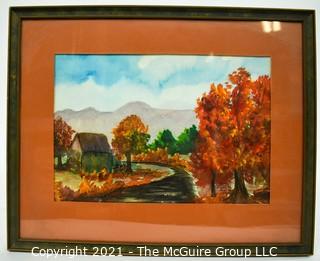 Framed Under Glass Oil on Board of Country Road in Fall, Signed by Artist Diana Mullins, 1981.  Measures 11"H x 12"W.