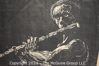 Unframed on Paper Black & White Woodblock Print of Flutist, Signed and Numbered.  Signature Illegible.  Measures 17"W x 26"H.