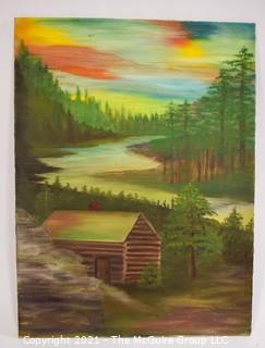 Unframed Oil on Board Cabin in the Woods, Unsigned. Measures 12W x 16"T