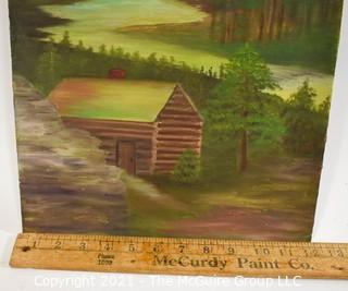 Unframed Oil on Board Cabin in the Woods, Unsigned. Measures 12W x 16"T