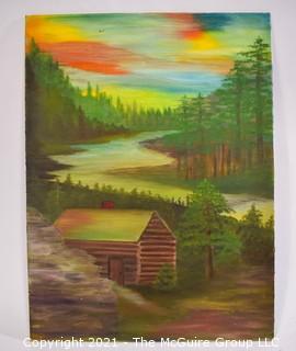 Unframed Oil on Board Cabin in the Woods, Unsigned. Measures 12W x 16"T