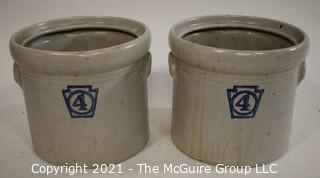 Two (2) Vintage Stoneware Crocks Stamped 4 in Blue Ink. Makers Mark Incised on Bottom, but Illegible.  Each measure 7"T. 