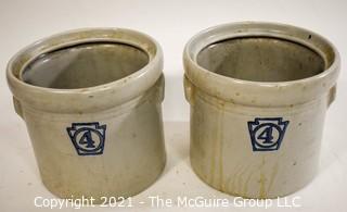 Two (2) Vintage Stoneware Crocks Stamped 4 in Blue Ink. Makers Mark Incised on Bottom, but Illegible.  Each measure 7"T. 