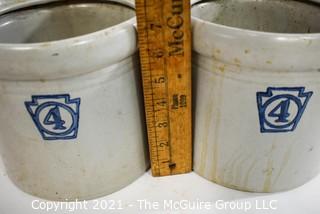 Two (2) Vintage Stoneware Crocks Stamped 4 in Blue Ink. Makers Mark Incised on Bottom, but Illegible.  Each measure 7"T. 