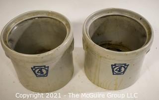 Two (2) Vintage Stoneware Crocks Stamped 4 in Blue Ink. Makers Mark Incised on Bottom, but Illegible.  Each measure 7"T. 