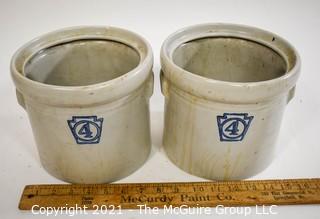 Two (2) Vintage Stoneware Crocks Stamped 4 in Blue Ink. Makers Mark Incised on Bottom, but Illegible.  Each measure 7"T. 