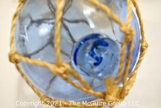 Group of Vintage Blue & Yellow Hand Blown Glass Fishing Net Floats.