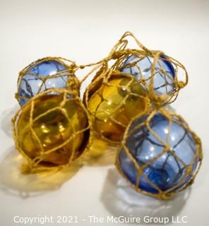 Group of Vintage Blue & Yellow Hand Blown Glass Fishing Net Floats.