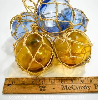 Group of Vintage Blue & Yellow Hand Blown Glass Fishing Net Floats.