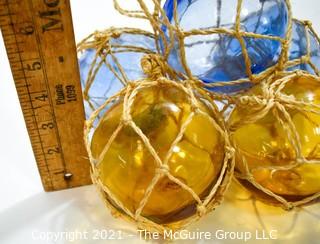 Group of Vintage Blue & Yellow Hand Blown Glass Fishing Net Floats.