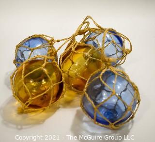 Group of Vintage Blue & Yellow Hand Blown Glass Fishing Net Floats.