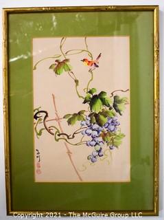 Framed Under Glass Asian Signed Watercolor of Bird on Grape Vine with Chop Marks.  Measures 16" x 12".