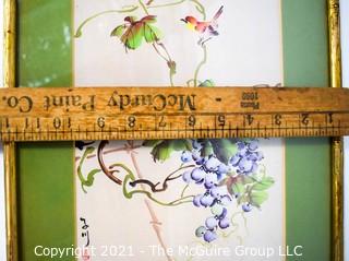 Framed Under Glass Asian Signed Watercolor of Bird on Grape Vine with Chop Marks.  Measures 16" x 12".