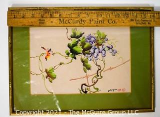 Framed Under Glass Asian Signed Watercolor of Bird on Grape Vine with Chop Marks.  Measures 16" x 12".