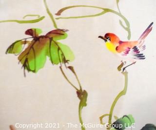 Framed Under Glass Asian Signed Watercolor of Bird on Grape Vine with Chop Marks.  Measures 16" x 12".