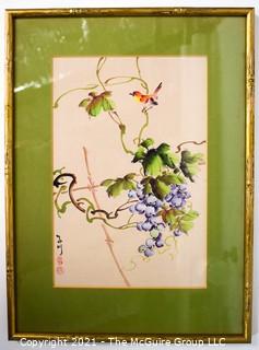 Framed Under Glass Asian Signed Watercolor of Bird on Grape Vine with Chop Marks.  Measures 16" x 12".