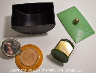 Art Deco Mid Century Bakelite Vanity Items Including Trinket Box, Powder Compact and Pin Holder.