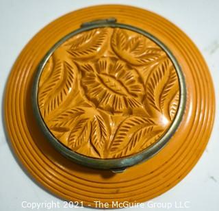 Art Deco Mid Century Bakelite Vanity Items Including Trinket Box, Powder Compact and Pin Holder.