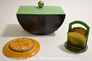 Art Deco Mid Century Bakelite Vanity Items Including Trinket Box, Powder Compact and Pin Holder.