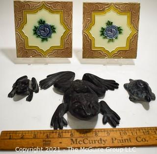 Three (3) Cast Iron Frogs Made by Virginia Metalcrafters and Two (2) Vintage Tiles