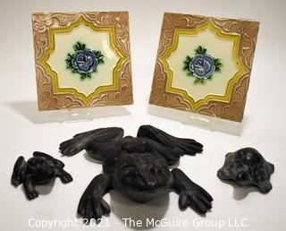 Three (3) Cast Iron Frogs Made by Virginia Metalcrafters and Two (2) Vintage Tiles