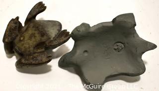 Three (3) Cast Iron Frogs Made by Virginia Metalcrafters and Two (2) Vintage Tiles