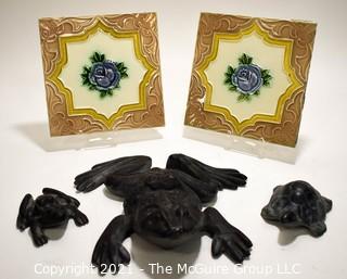 Three (3) Cast Iron Frogs Made by Virginia Metalcrafters and Two (2) Vintage Tiles