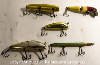 Collection of Five (5) Vintage Fishing Lures.  Three (3) plastic and two (2) wood.