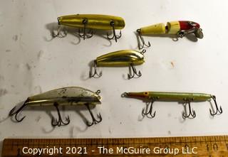 Collection of Five (5) Vintage Fishing Lures.  Three (3) plastic and two (2) wood.