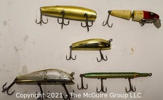 Collection of Five (5) Vintage Fishing Lures.  Three (3) plastic and two (2) wood.