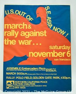 Vintage Pop Art Protest Poster.  "U.S. OUT OF S.E. ASIA NOW!" Northern California Peace Action Coalition, March & Rally Against the War Poster, c.1974. Offset Lithograph on Paper.   Measures 21 3/4 × 17". 