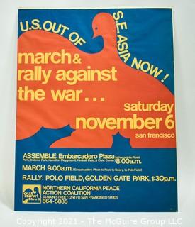 Vintage Pop Art Protest Poster.  "U.S. OUT OF S.E. ASIA NOW!" Northern California Peace Action Coalition, March & Rally Against the War Poster, c.1974. Offset Lithograph on Paper.   Measures 21 3/4 × 17". 