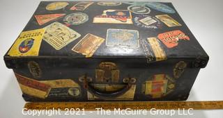 Vintage Fiberglass Drum Case Covered in International Luggage Travel Labels and Tags.  Measures 9" D x 17"W x  24"L.