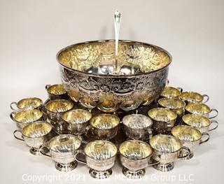 Vintage: Ornate Chased and Electroplated Copper Punch Bowl, Ladle with Cups