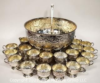 Vintage: Ornate Chased and Electroplated Copper Punch Bowl, Ladle with Cups